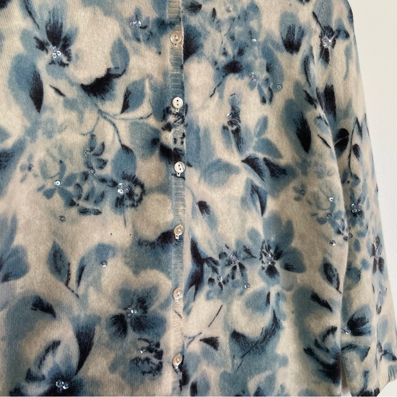 Anne Klein 100% Pure Cashmere 2pc Sweater Set Blue Floral 3/4 Sleeves Size L - Picture 6 of 17